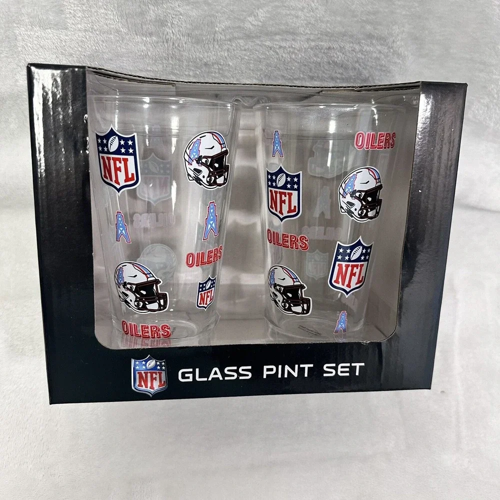 Houston Oilers NFL Pint Glass Set -(2) 16oz Glasses- NIB - Buy More And Save!!!!